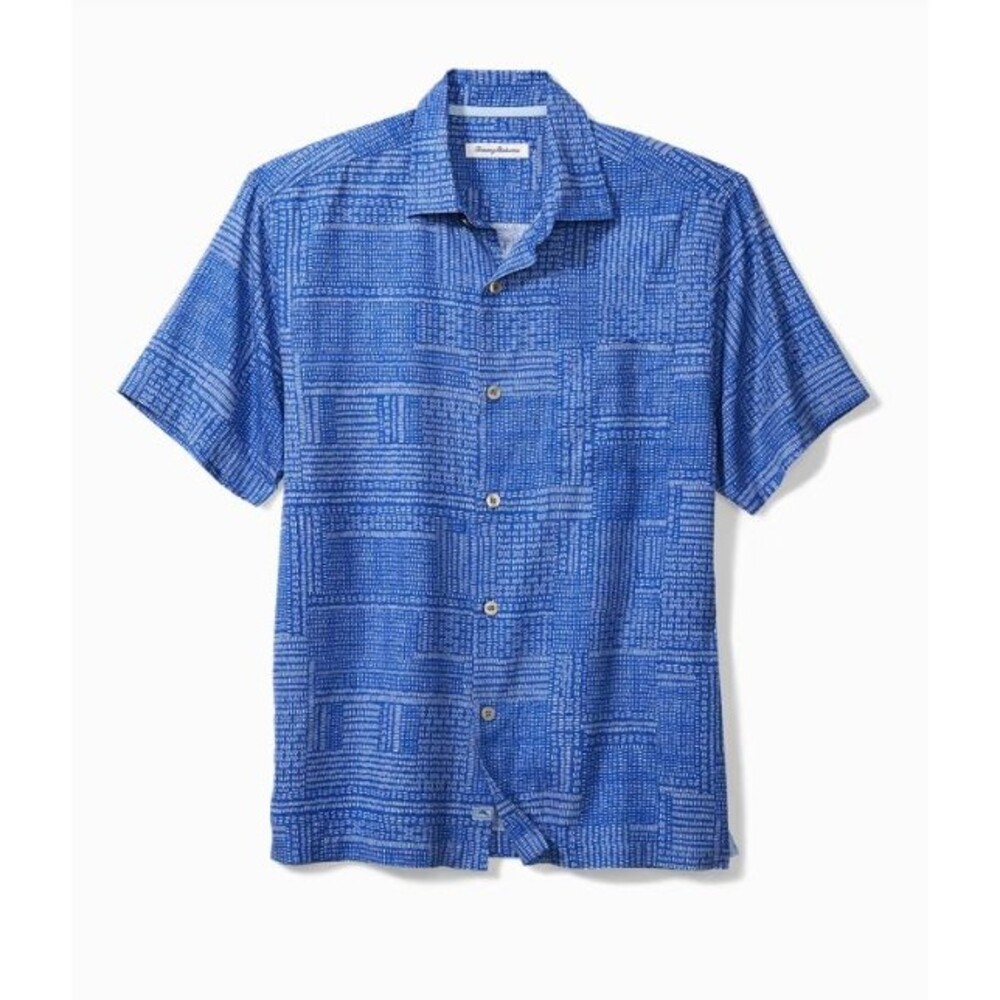 Tommy Bahama Geo Dashing Silk Blend Camp Shirt Blue Mens Size L